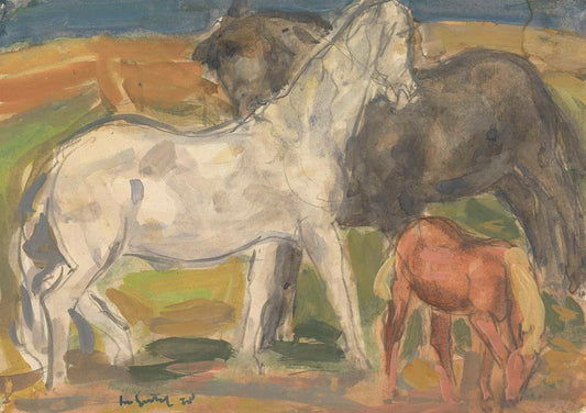 Twee paarden en een veulen in een landschap - by Leo Gestel