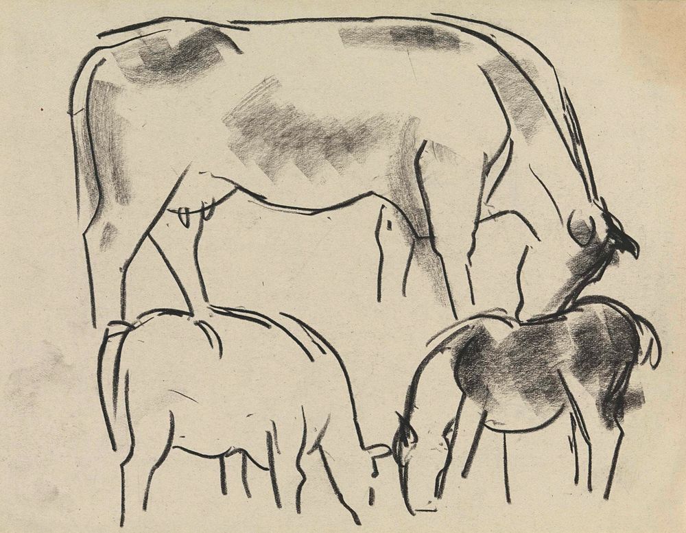 Twee grazende koeien en een paard - by Leo Gestel