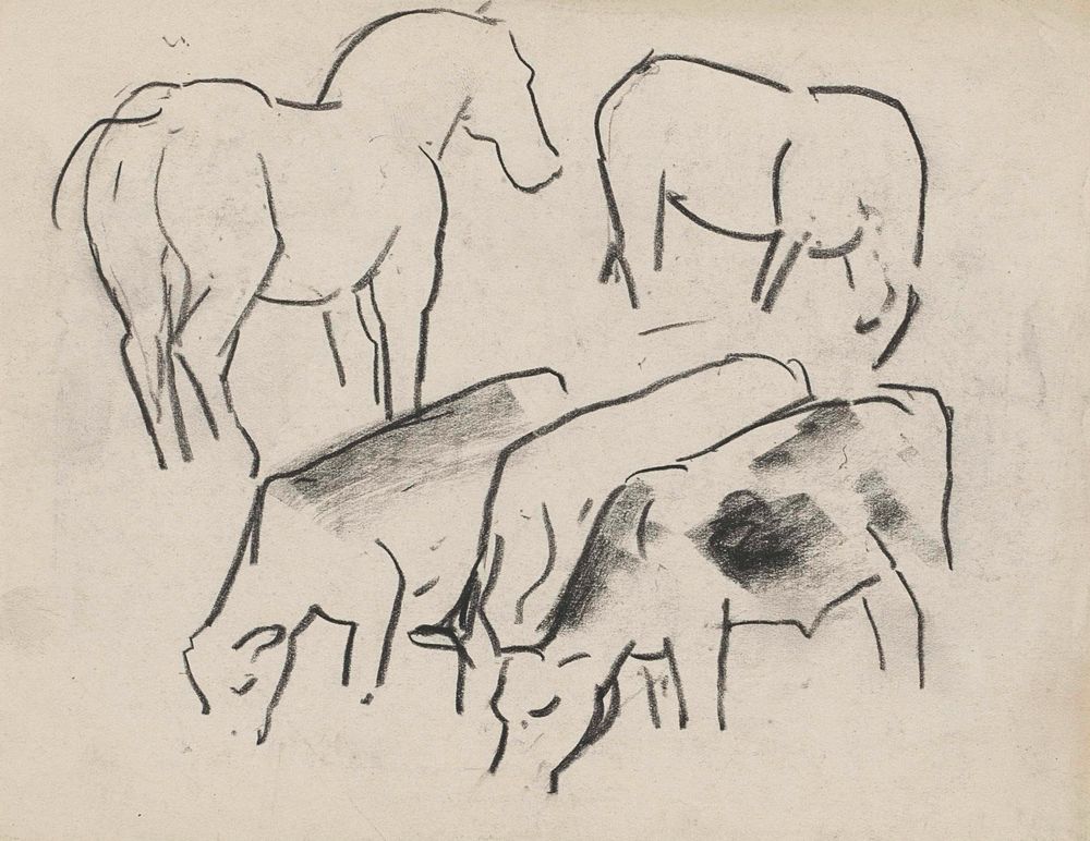 Drie grazende koeien en twee paarden - by Leo Gestel