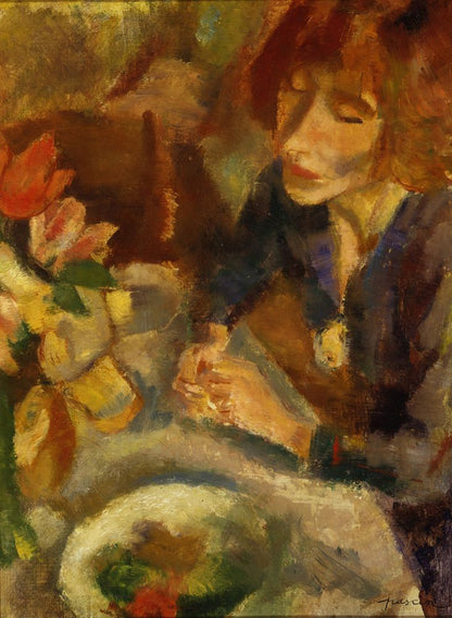 Femme et Fleurs (Portrait of Hérmine David) - by Jules Pascin