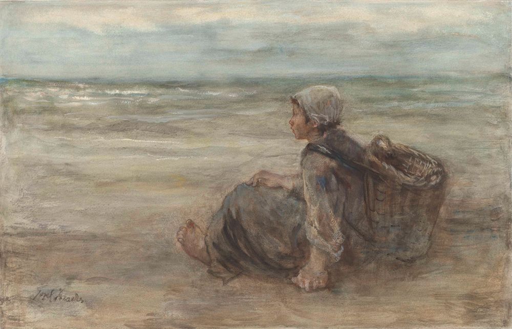 Vissersmeisje op het strand - by Jozef Israëls