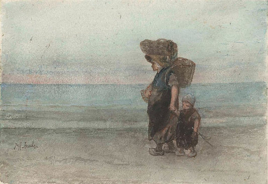 Vrouw met kind, lopend over het strand - by Jozef Israëls