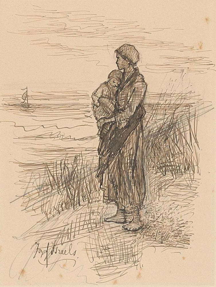 Vissersvrouw met kind op de arm aan het strand - by Jozef Israëls