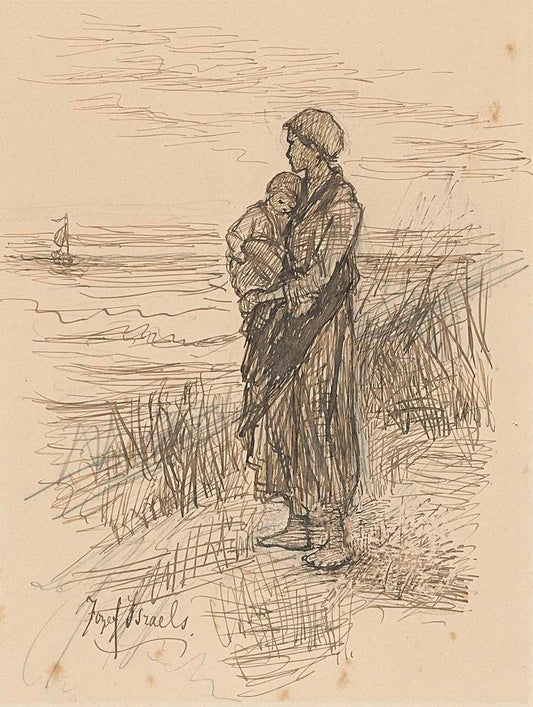 Vissersvrouw met kind op de arm aan het strand - by Jozef Israëls