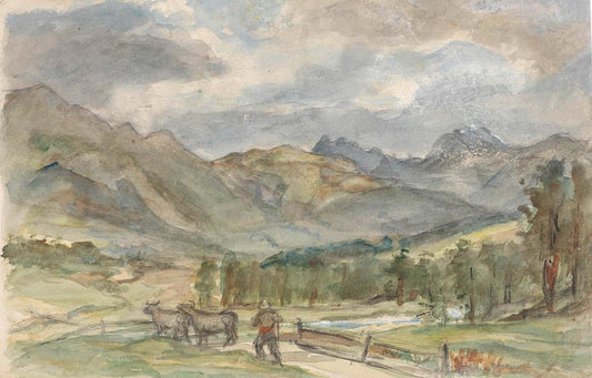 Berglandschap met veehoeder en twee koeien - by Jozef Israëls