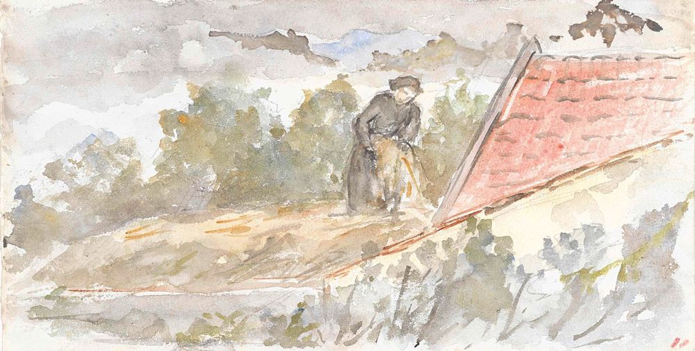 Landschap met vrouw en dak van een huis - by Jozef Israëls