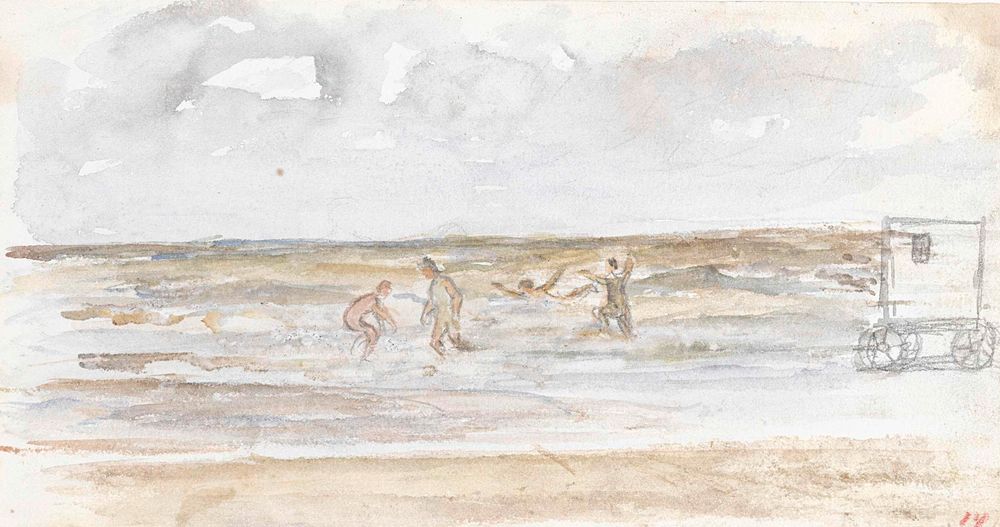 Baders in zee en een strandkoets - by Jozef Israëls