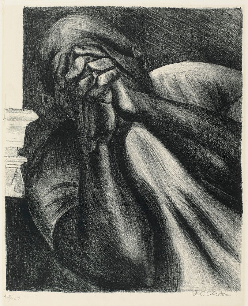 Hombre con manos sobre la cara (Man with Clasped Hands) [Mural Detail of a Figure in the Revolutionary Trinity (National Preparatory School, Mexico City), Grief, Affliction] - by José Clemente Orozco