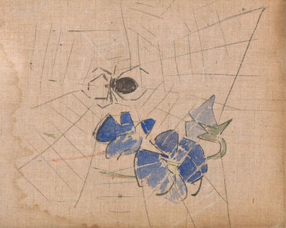 A Spider and Web with Blue Flowers - by Joseph Crawhall III