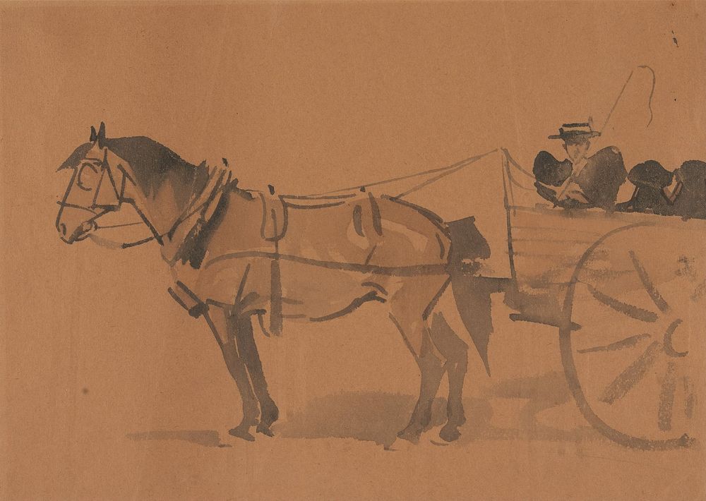 Auntie Bee with her two Nieces in a Pony Cart - by Joseph Crawhall III