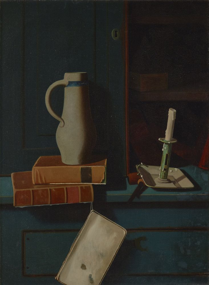 Jug, Books, and Candle on a Cupboard Shelf - by John F. Peto