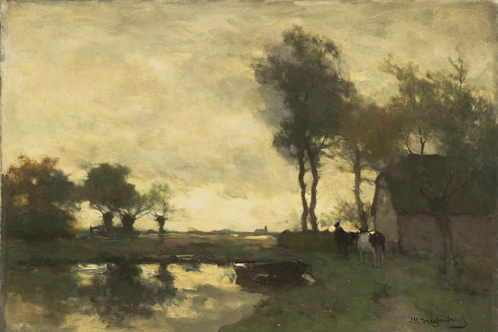 Landschap met boerderij bij een plas - by Johan Hendrik Weissenbruch