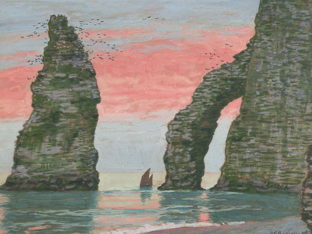 The Étretat Needle, Red Sky - by Jean-Francis Auburtin