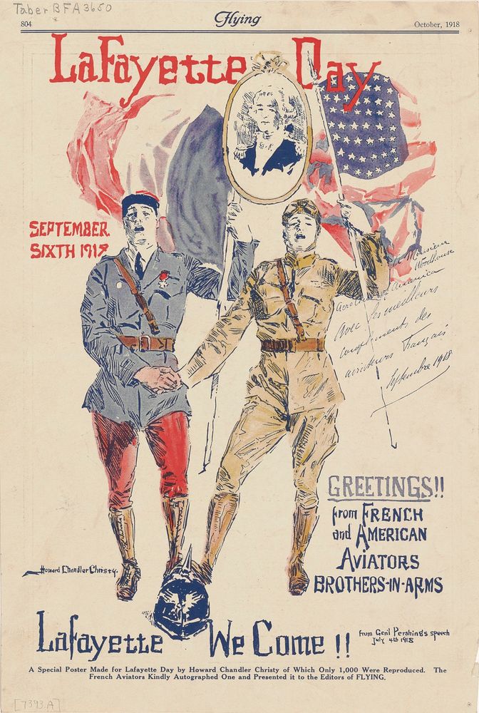 Lafayette Day September Sixth 1918 ... Greetings!! From French and American Aviators Brothers-In-Arms / Doing Our Bit to Protect Your Eyes ... - by Howard Chandler Christy