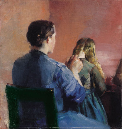 A mother plainting her little daughter's hair - by Christian Krohg