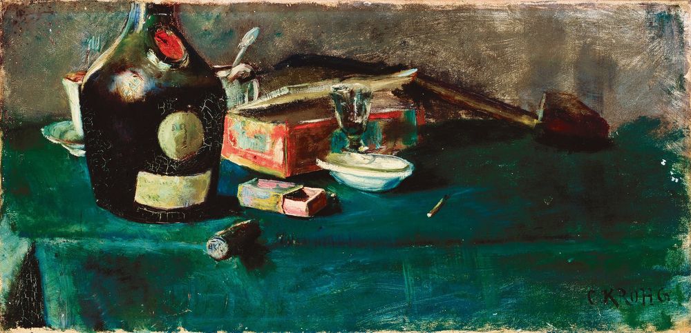 Still life with a D.O.M. bottle - by Christian Krohg