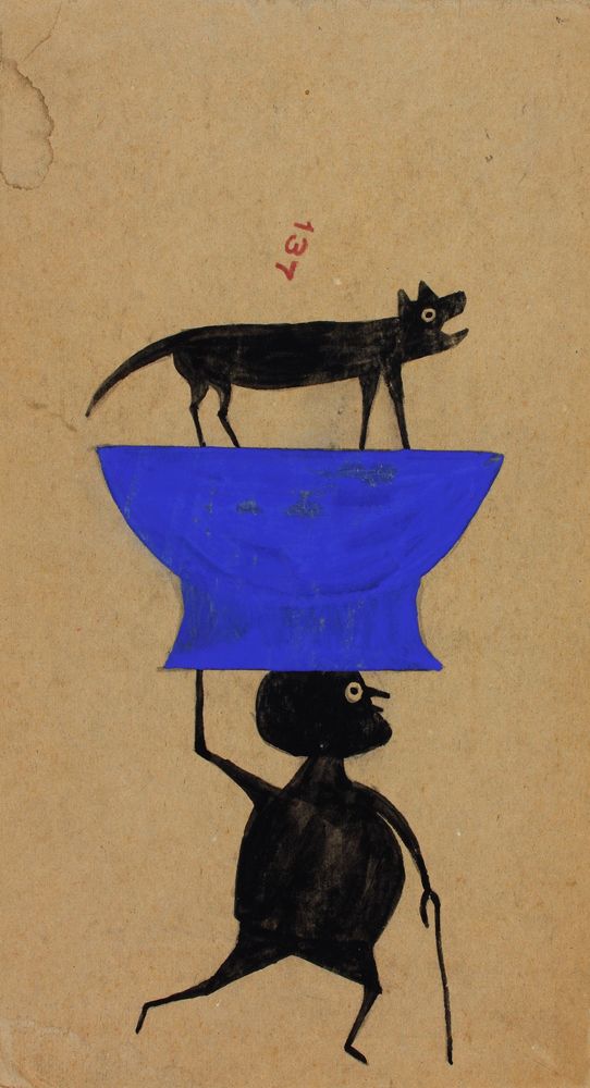 Untitled (Man Carrying Dog on Object) - by Bill Traylor