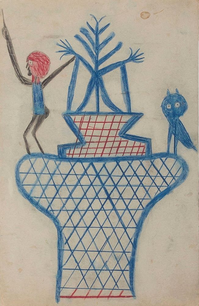 Untitled (Basket, Man, and Owl) - by Bill Traylor