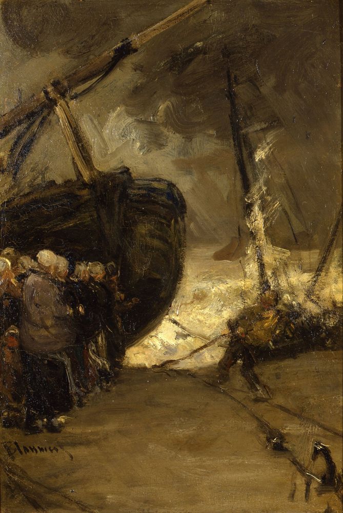 Fishing Boat with the Fgures on the Beach - by Bernard Blommers