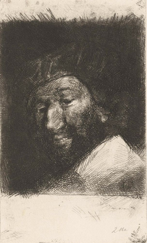 Portret van lachende man met baard en muts - by Bernard Blommers