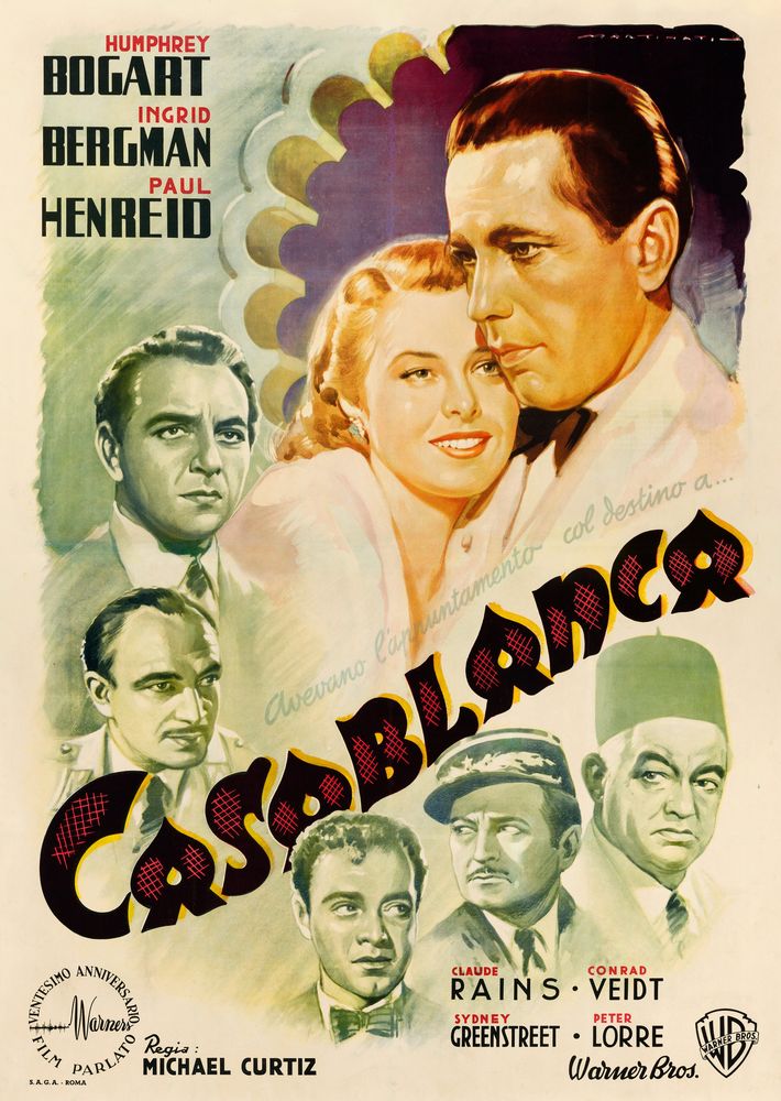 Casablanca (Warner Brothers, 1946). First Post-War Release Italian Poster, Luigi Martinati Artwork Movie Poster Reprint