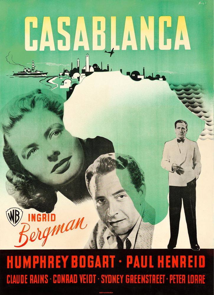 Casablanca (Warner Brothers, 1946). First Post-War Release Danish Poster, Benny Stilling Artwork. Movie Poster Reprint