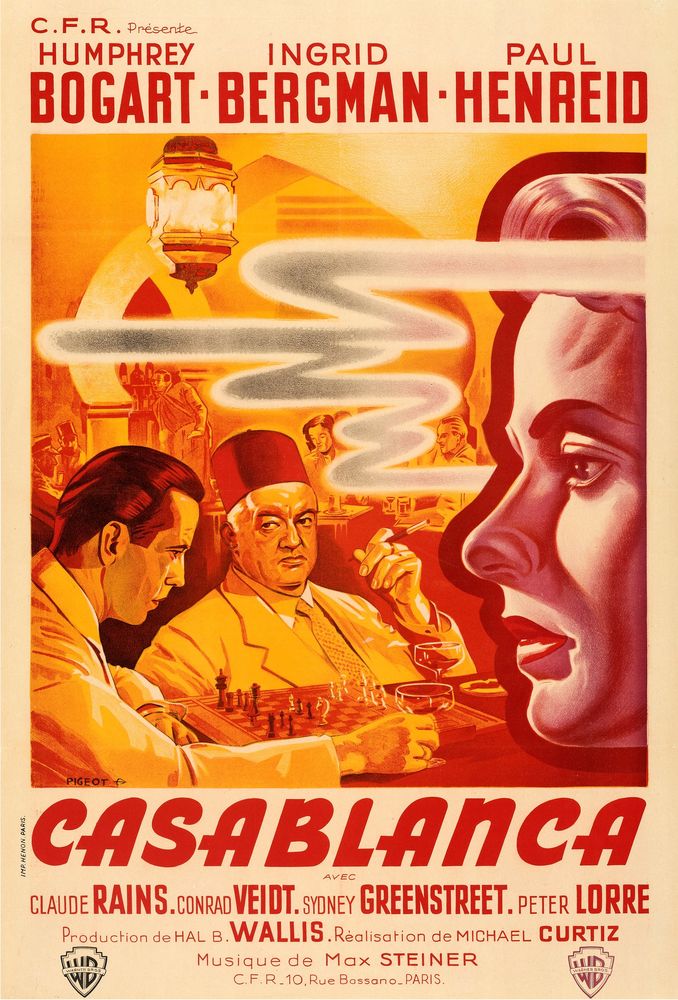 Casablanca (Warner Bros., 1947), First Post-War Release French Poster. Pierre Pigeot Artwork. Movie Poster Reprint