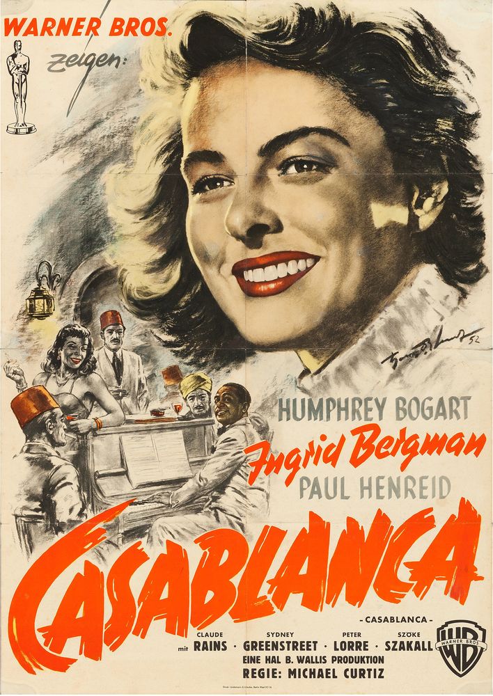 Casablanca (Warner Brothers, 1952). First Post-War Release German Poster, Hans Otto Wendt Artwork. Movie Poster Reprint