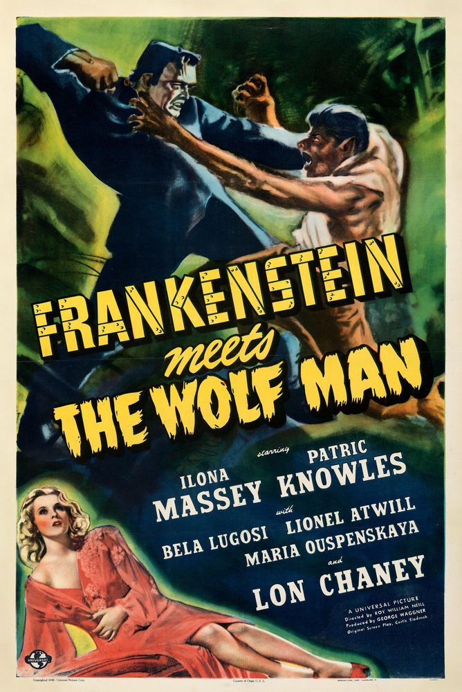 Frankenstein Meets the Wolf Man (Universal, 1943). Karl Godwin Artwork. Movie Poster Reprint