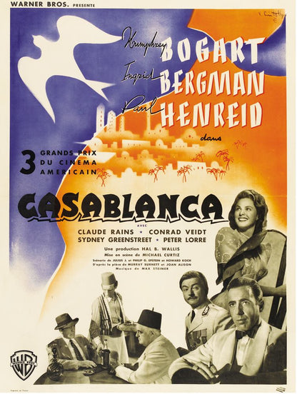 Casablanca (Warner Brothers, 1940s). Post-War French Movie Poster Reprint