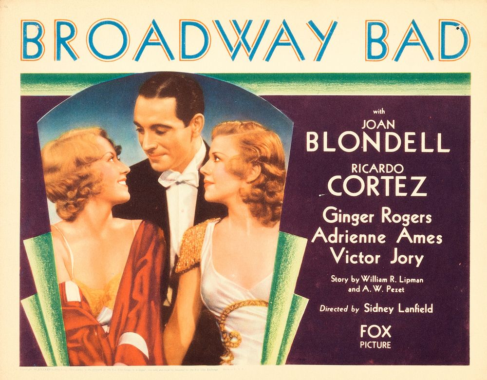 Broadway Bad (Fox, 1933). Movie Poster Reprint