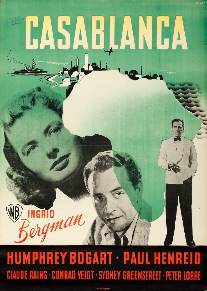 Casablanca (Warner Brothers, 1946). First Post-War Release Danish Poster. Benny Stilling Artwork.- Movie Poster Reprint