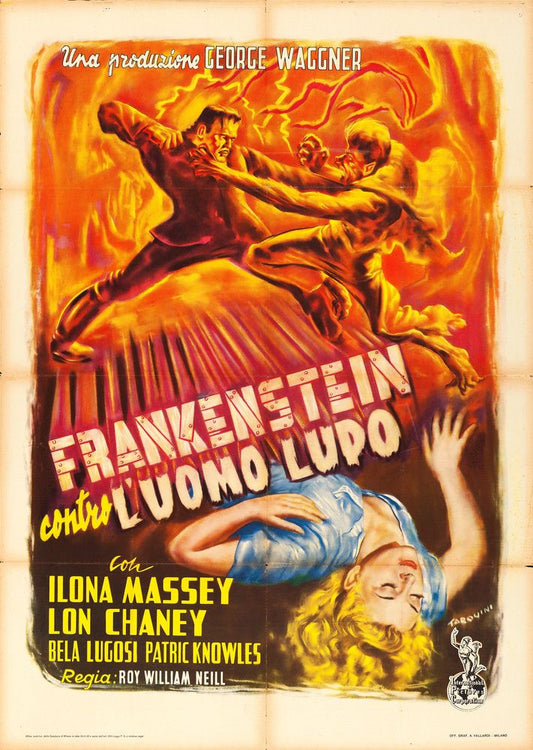 Frankenstein Meets the Wolf Man (International Pictures Corp., 1949). First Post-War Release Italian, Paolo Tarquini Artwork.- Movie Poster Reprint