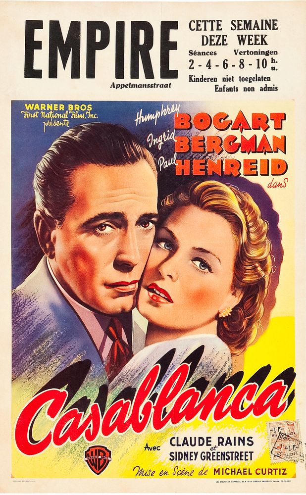 Casablanca (Warner Brothers, 1940s). First Post-War Release Belgian- Movie Poster Reprint