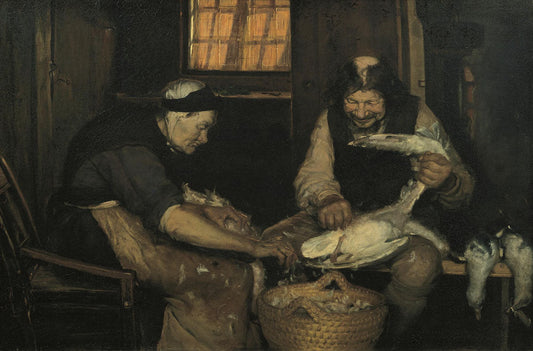 Old couple plucking gulls. Lars Gaihede and old Lene - by Anna Ancher