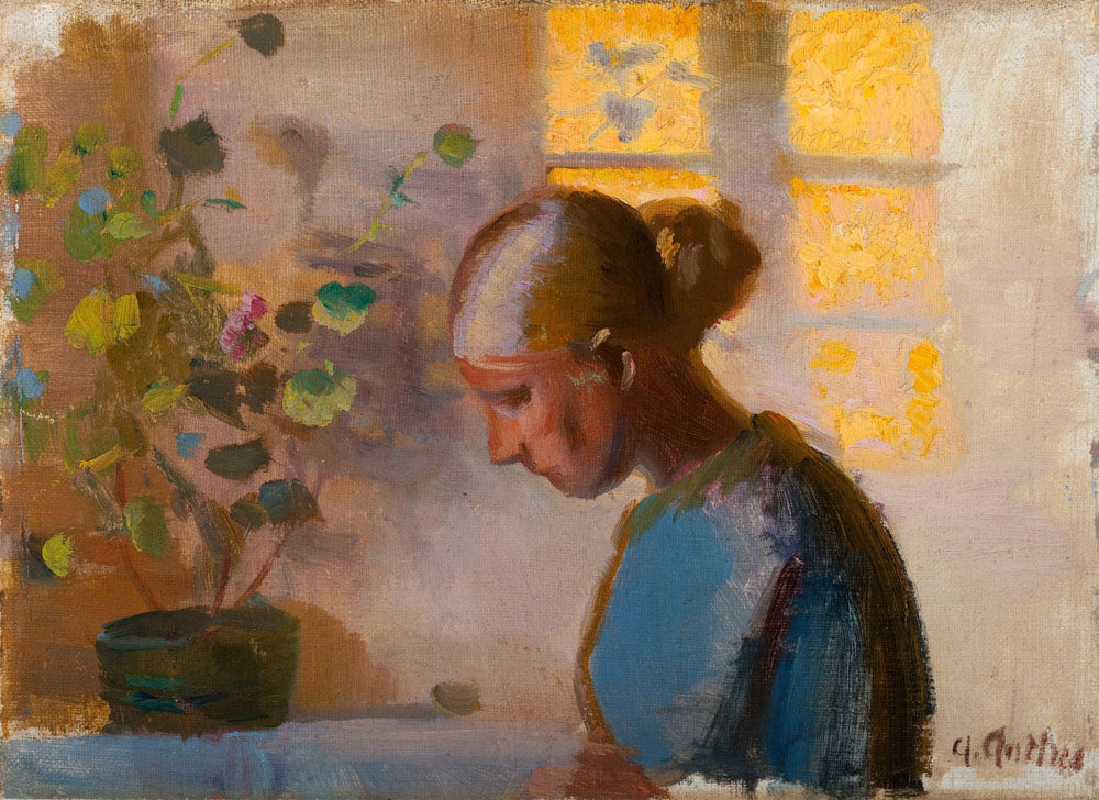 Study of a seamstress in blue - by Anna Ancher