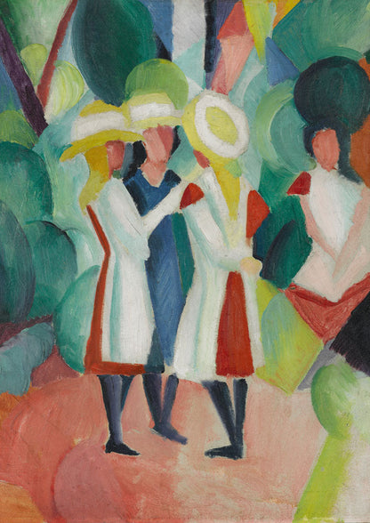 Three girls in yellow straw hats I - by August Macke