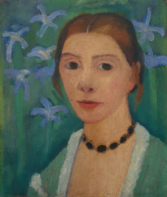 Self-Portrait before a Green Background with Blue Iris - by Paula Modersohn-Becker