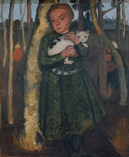 Girl in birch forest with cat - by Paula Modersohn-Becker