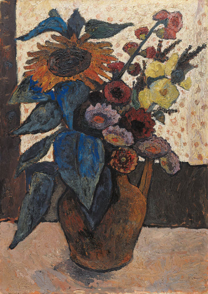 Still life with sunflowers, hollyhocks and georgines - by Paula Modersohn-Becker