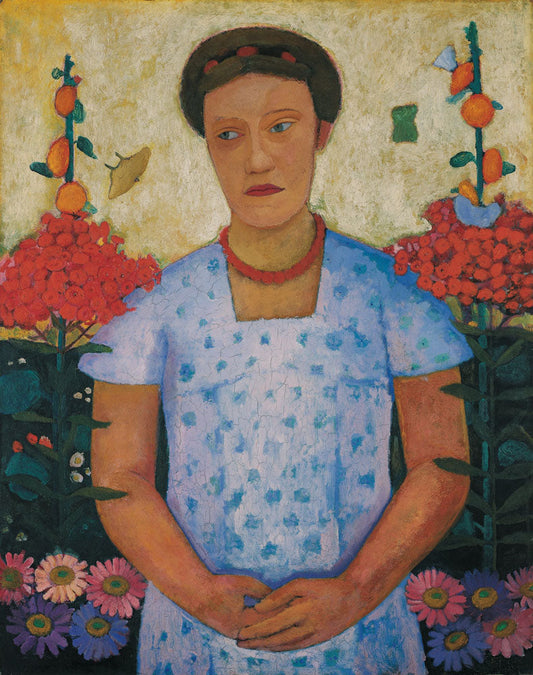 Portrait of Lee Hoetger in front of a flowerbed - by Paula Modersohn-Becker