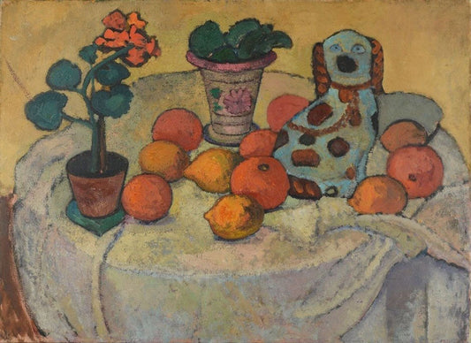 Still life with oranges and stoneware dog - by Paula Modersohn-Becker