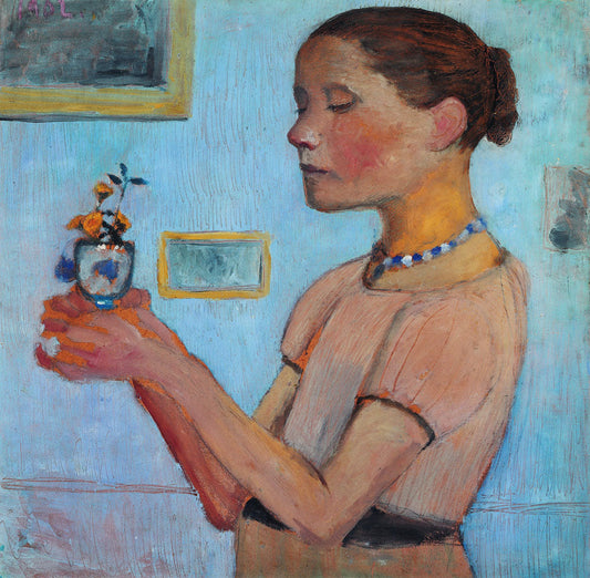 Young girl with yellow flowers in the glass - by Paula Modersohn-Becker