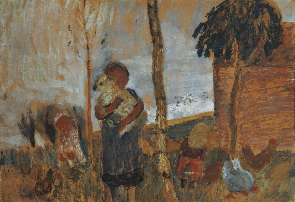 Children and chickens in front of landscape - by Paula Modersohn-Becker