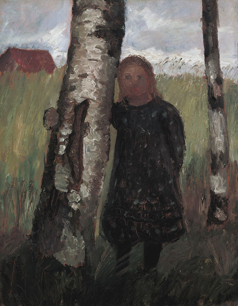 Girl on birch trunk in front of corn field - by Paula Modersohn-Becker