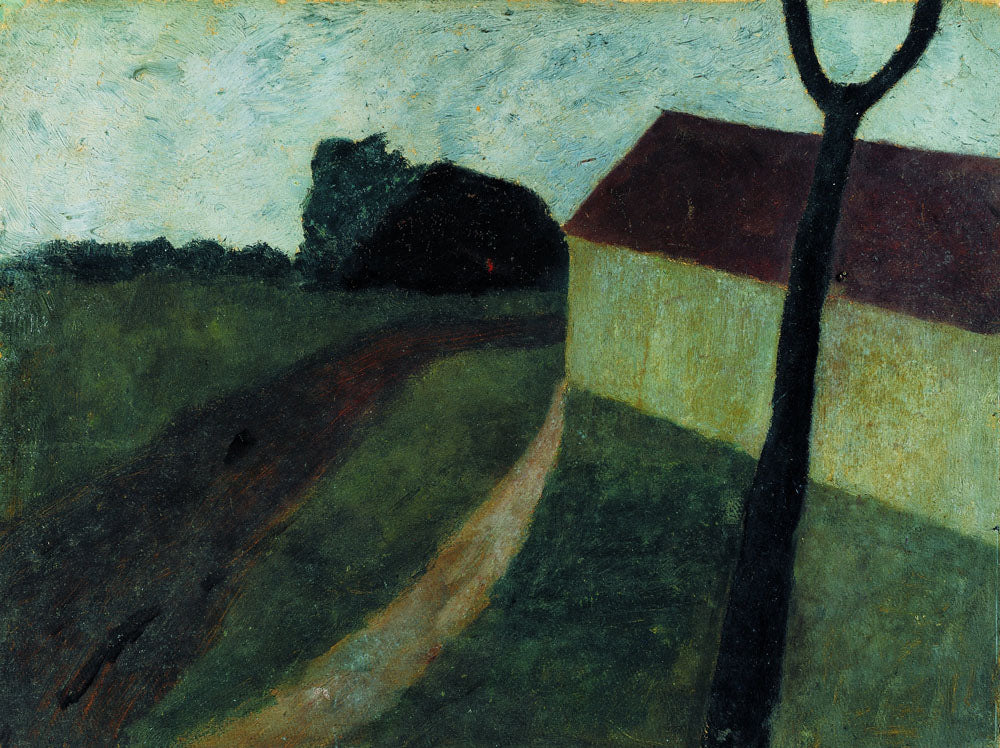 Twilight landscape with house and branch fork - by Paula Modersohn-Becker