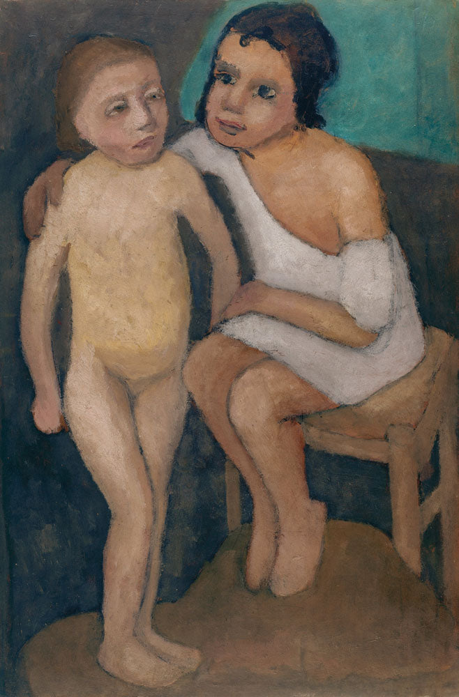 Sitting girl in white shirts and standing girl act - by Paula Modersohn-Becker