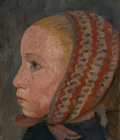 Girl's head with striped cap in profile to the left - by Paula Modersohn-Becker