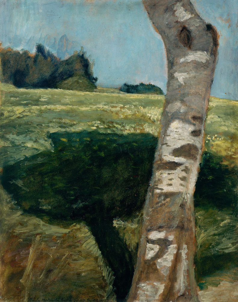 Birch trunk in front of landscape - by Paula Modersohn-Becker