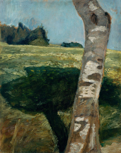 Birch trunk in front of landscape - by Paula Modersohn-Becker